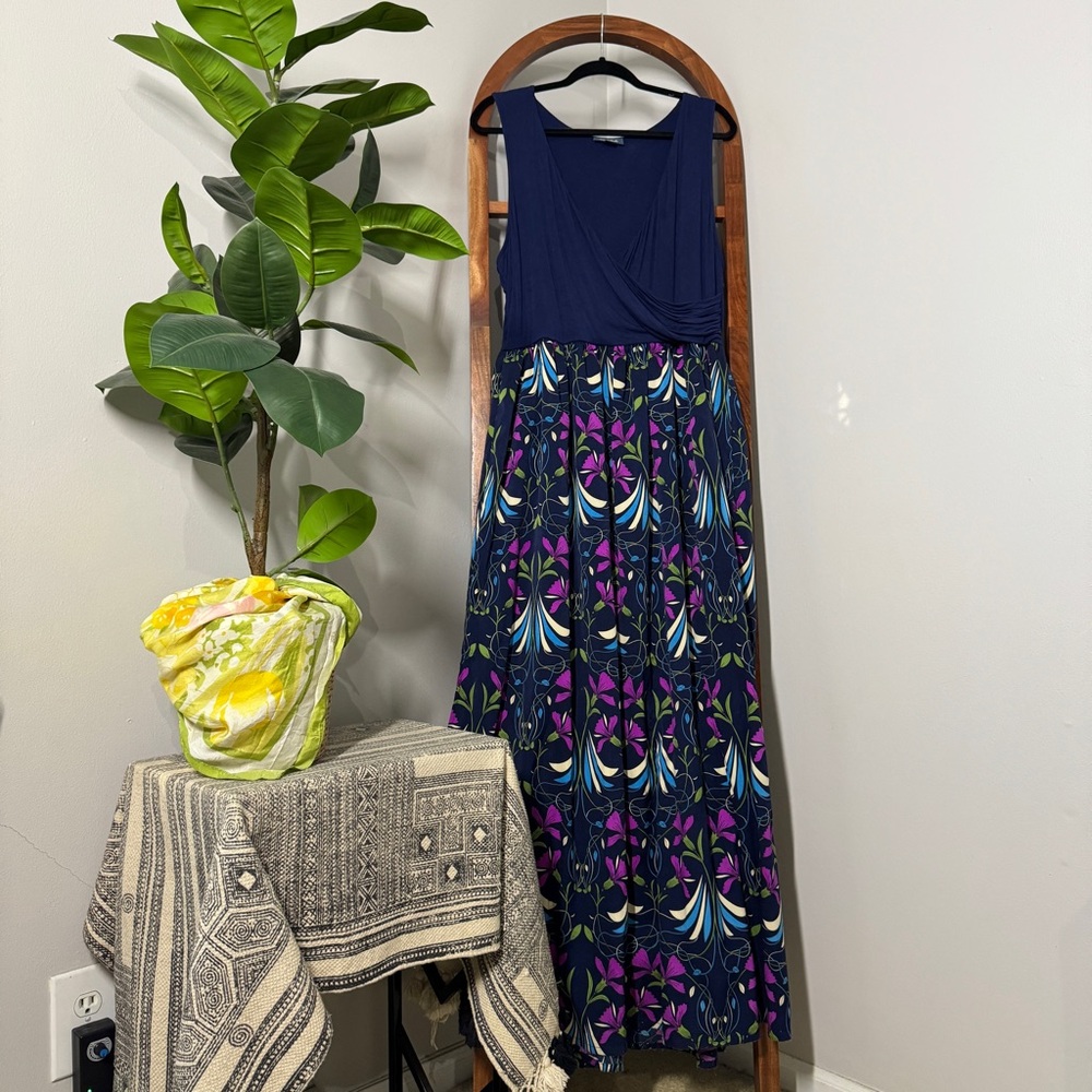 ModCloth XL Blue Sleeveless Faux Wrap Top Floral Maxi Dress